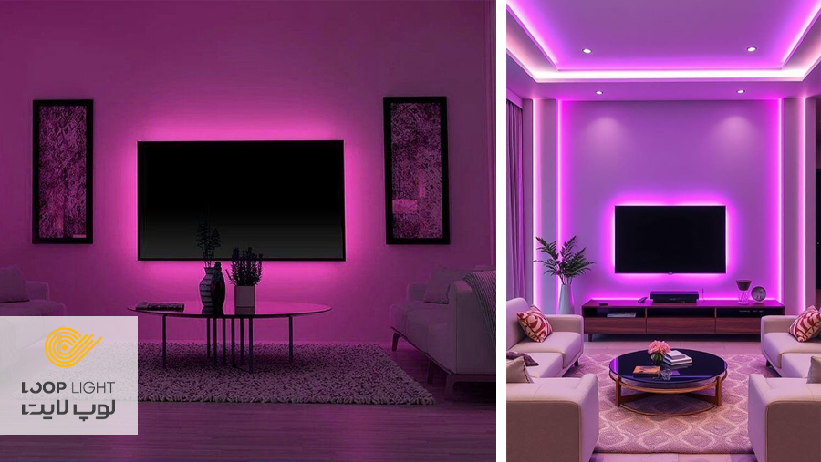 طراحی نور مخفی پشت تلویزیون و مانیتور با ال ای دی بنفش