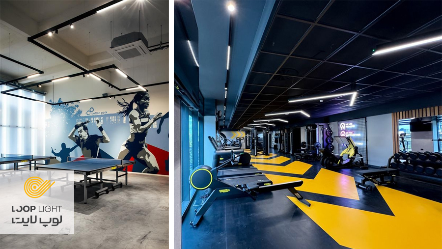 نورپردازی سقف باشگاه بدنسازی با چراغ‌های ریلی و مگنتی