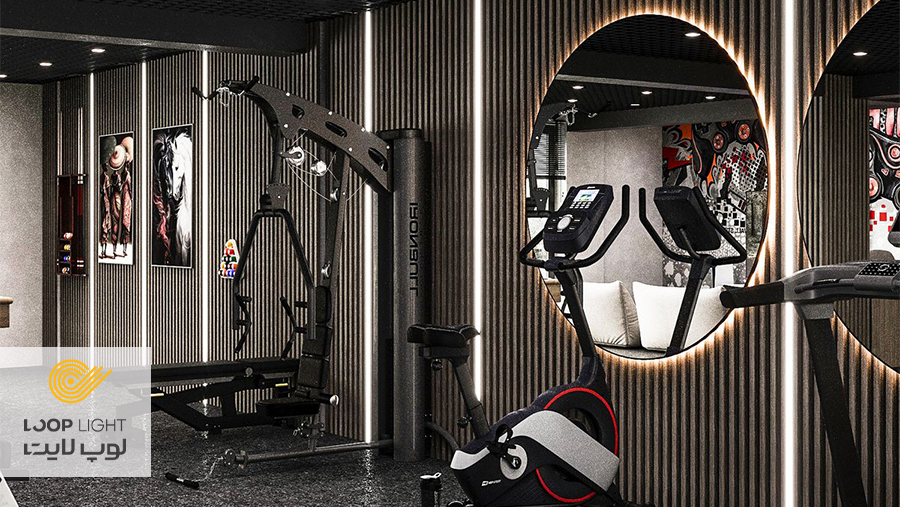 نورپردازی آینه‌ها در باشگاه بدنسازی