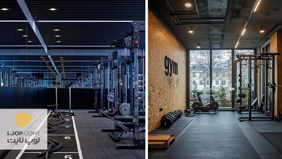نورپردازی سقف باشگاه بدنسازی با هالوژن یا پنل‌های سقفی